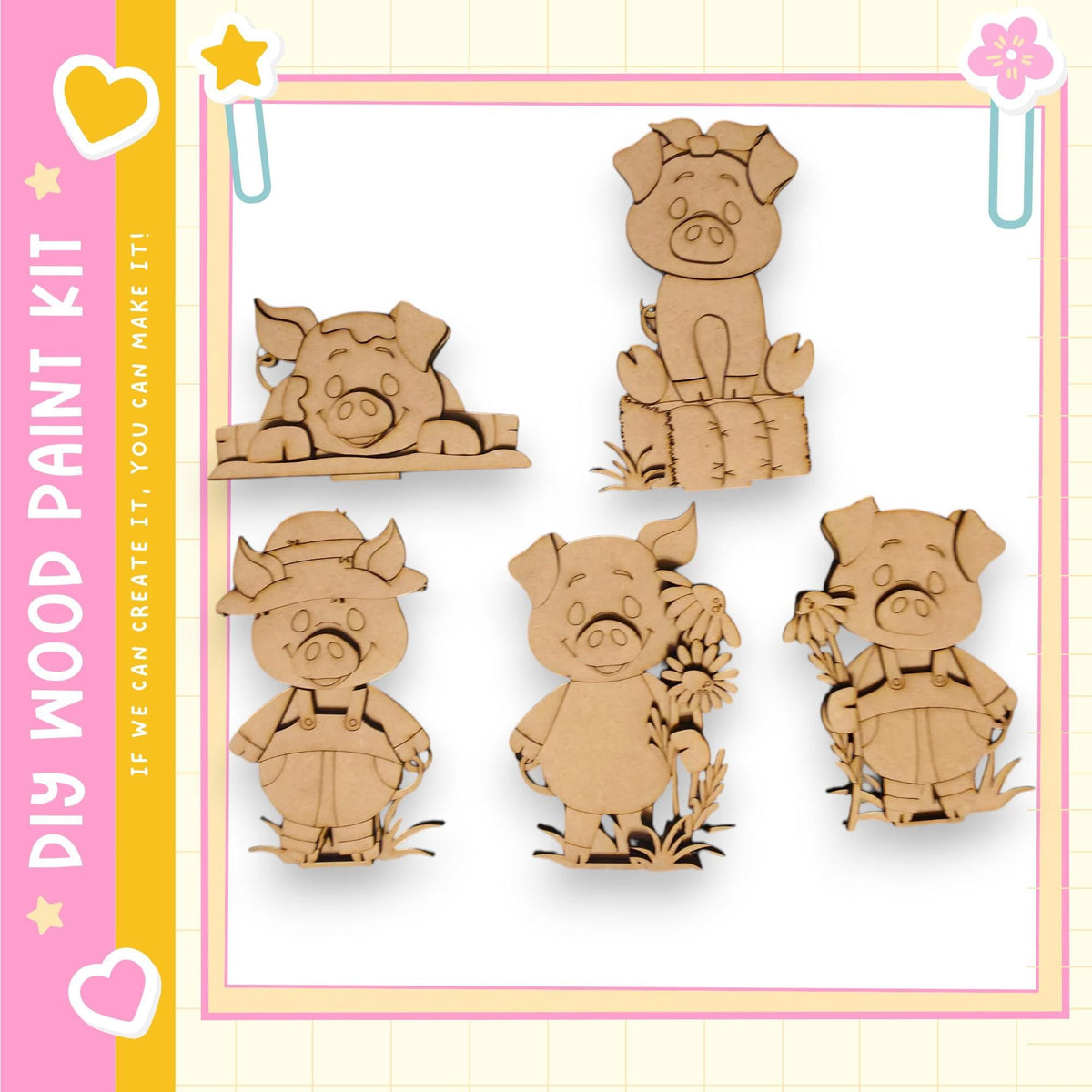 five wooden pig figurines, each with different poses and expressions, arranged in a row against a white background.