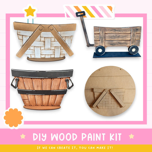 The image is a collage of four different wooden paint kits, each with a unique design and color scheme. The kits include a wooden basket, a wooden wagon, a wooden barrel, and a wooden wagon with wheels. The kits are presented in a pink and white color scheme, with a yellow star and a pink and white striped border. The image also includes text that reads "DIY WOOD PAINT KIT" and "IF WE CAN CREATE IT, YOU CAN MAKE IT!"