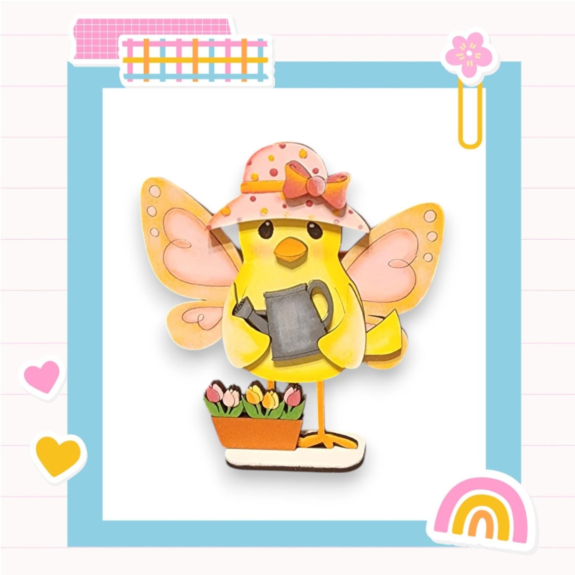 a yellow bird with a pink hat and a potted plant