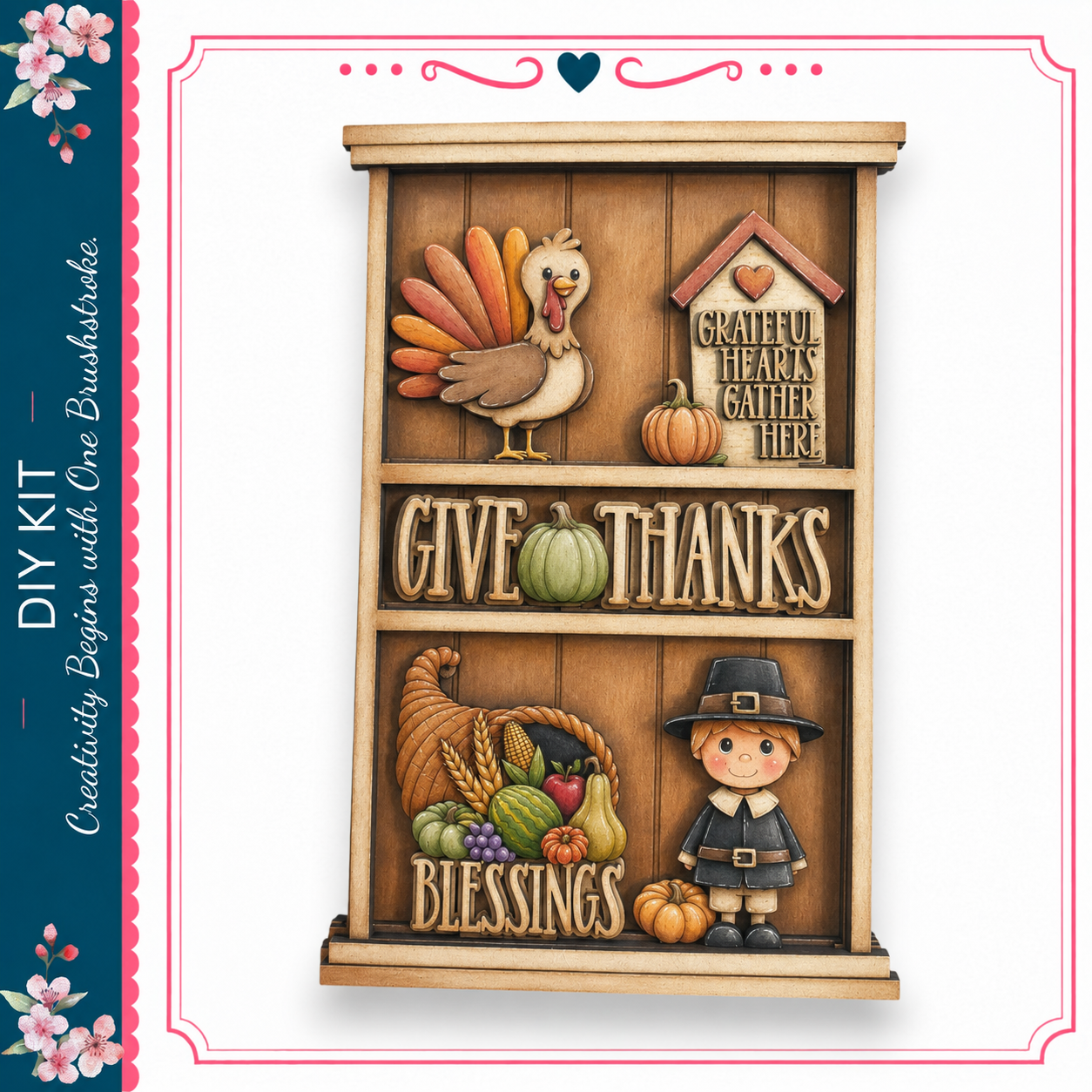The image is a wooden decoration with a Thanksgiving theme, featuring a turkey, pumpkins, a boy in a hat, and a sign that says "Give Thanks".