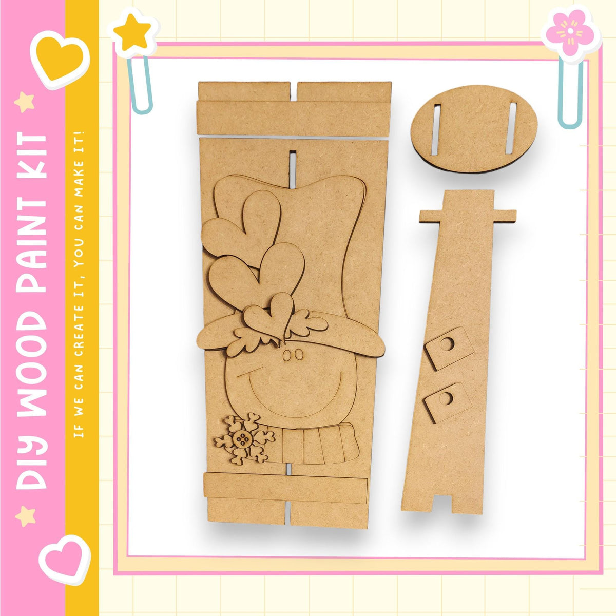 a DIY paint kit for creating a wooden snowman, including a snowman figure and a snowman base.