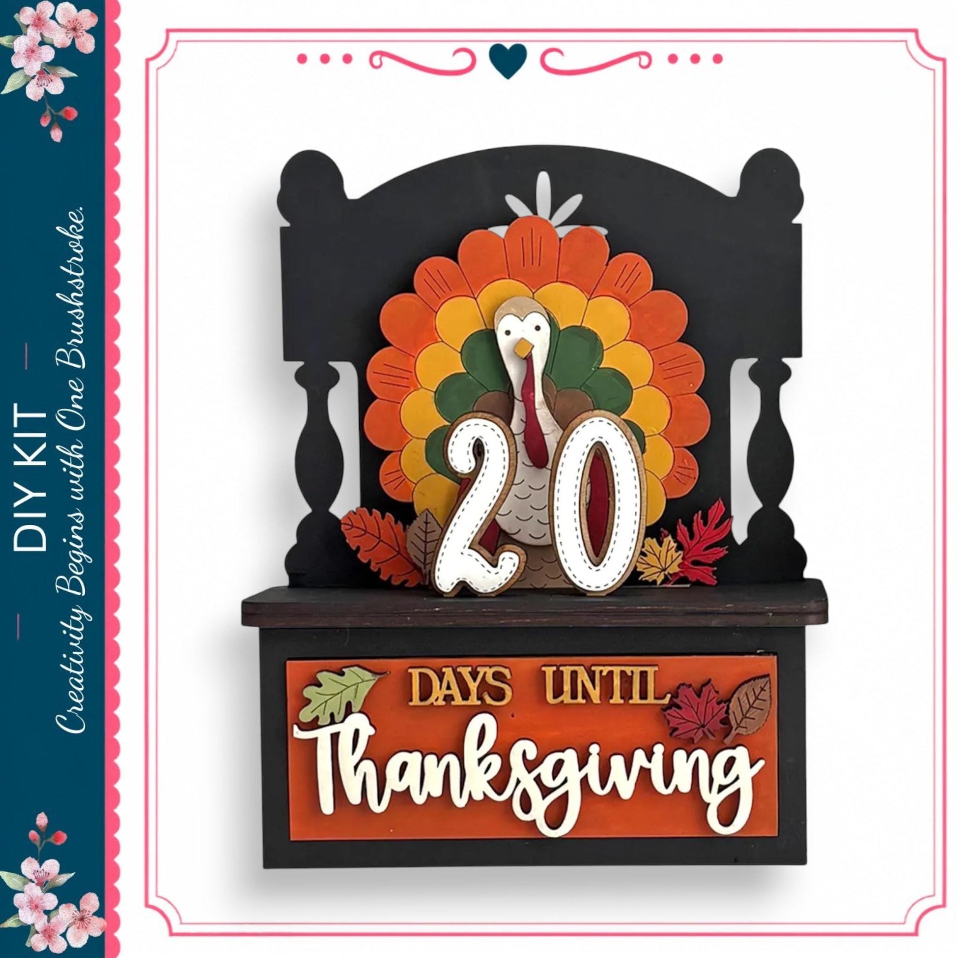 A decorative Thanksgiving-themed sign with a turkey silhouette and the number 20, indicating the number of days until Thanksgiving.