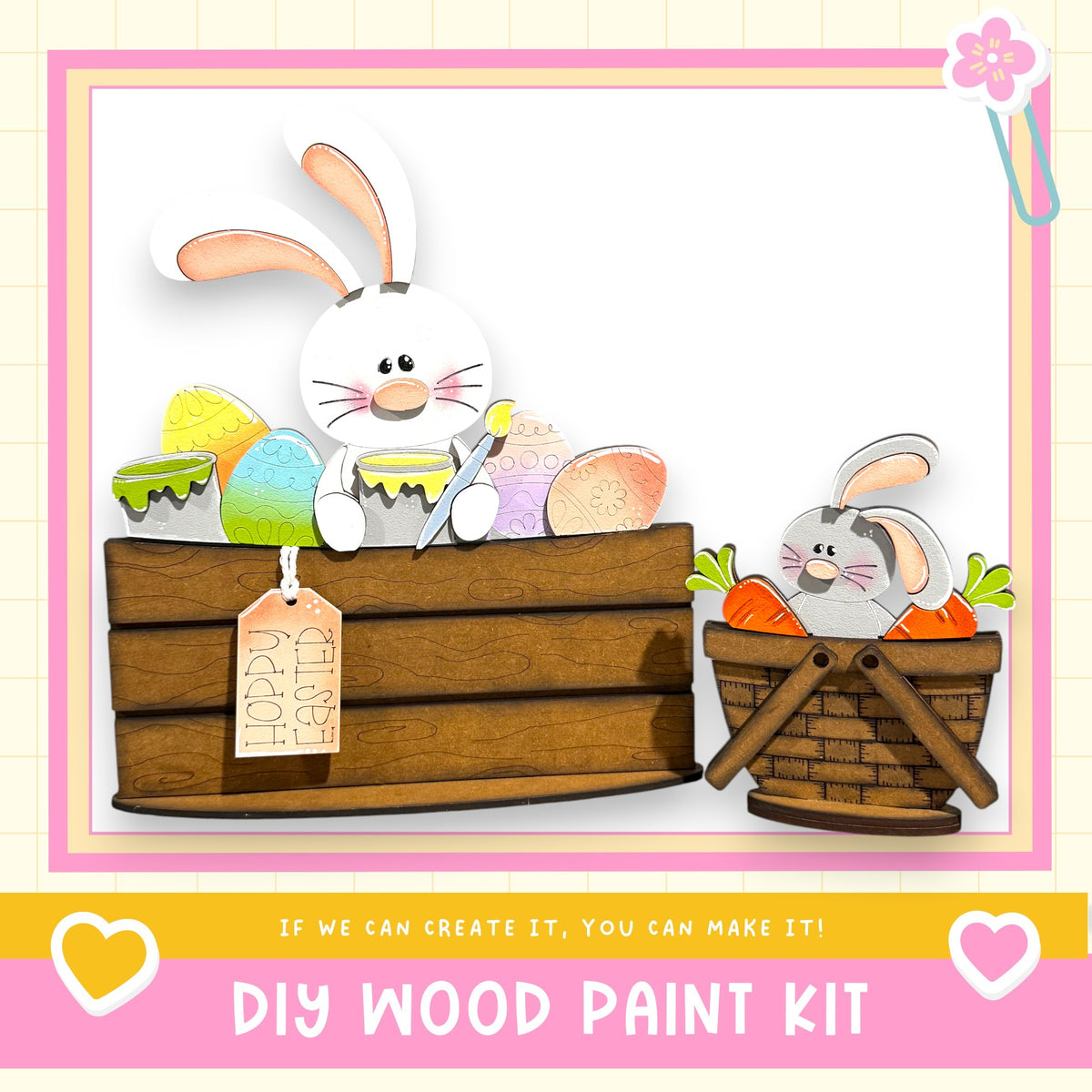 A wooden basket filled with Easter eggs and carrots, with a sign that says "HOPPY EASTER" attached to it. The image also includes a smaller rabbit in a basket and a tag that says "DIY WOOD PAINT KIT".