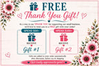 The image is a promotional graphic for a gift shop, featuring a "FREE Thank You Gift!" offer. It includes two gift options, each with a different price and a corresponding heart symbol. The text on the image encourages customers to spend $50+ to receive a gift with their order, and $100+ to receive a gift with their order. The image also mentions that gifts are added to the order automatically after discounts, before tax & shipping, and that the gift shop truly appreciates its customers.