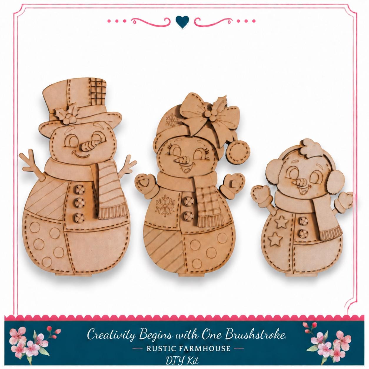 three wooden snowmen, each with unique features and accessories, arranged in a row.