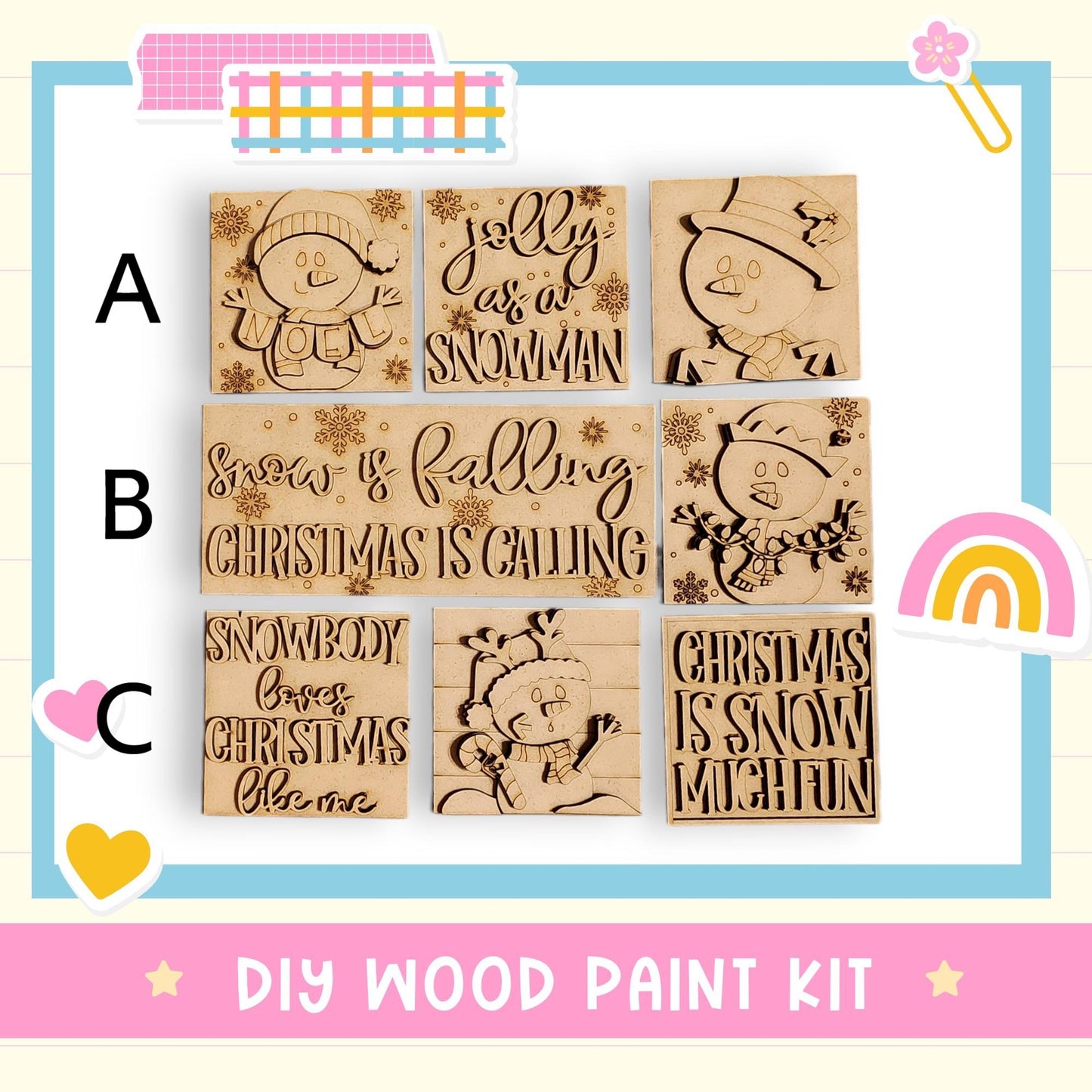 The image is a DIY wood paint kit featuring a collection of wooden snowman and Christmas-themed designs.