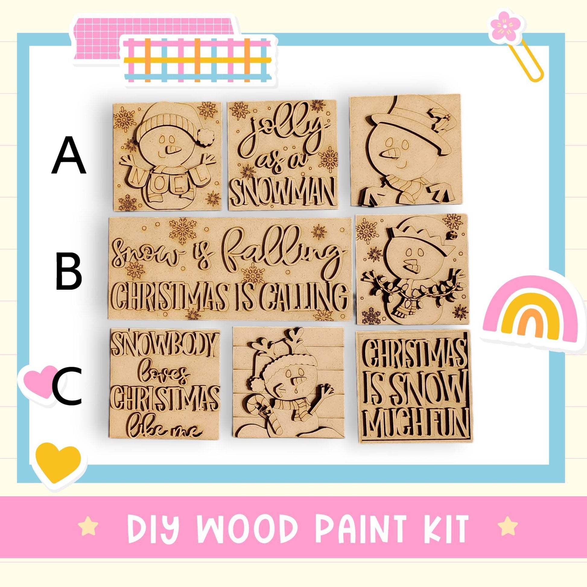 The image is a DIY wood paint kit featuring a collection of wooden snowman and Christmas-themed designs.
