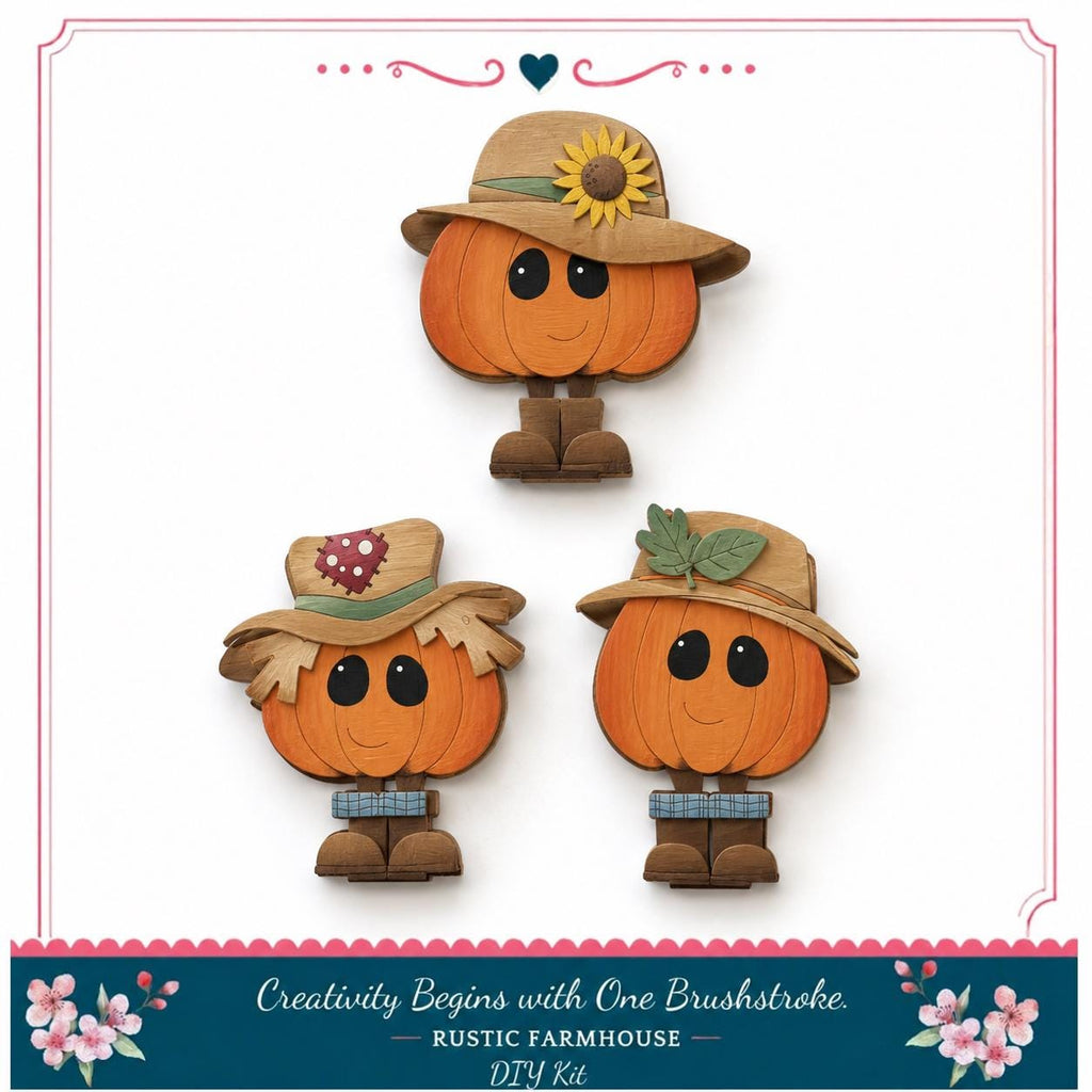 three wooden pumpkins with hats and plaid shirts, arranged in a row against a white background.