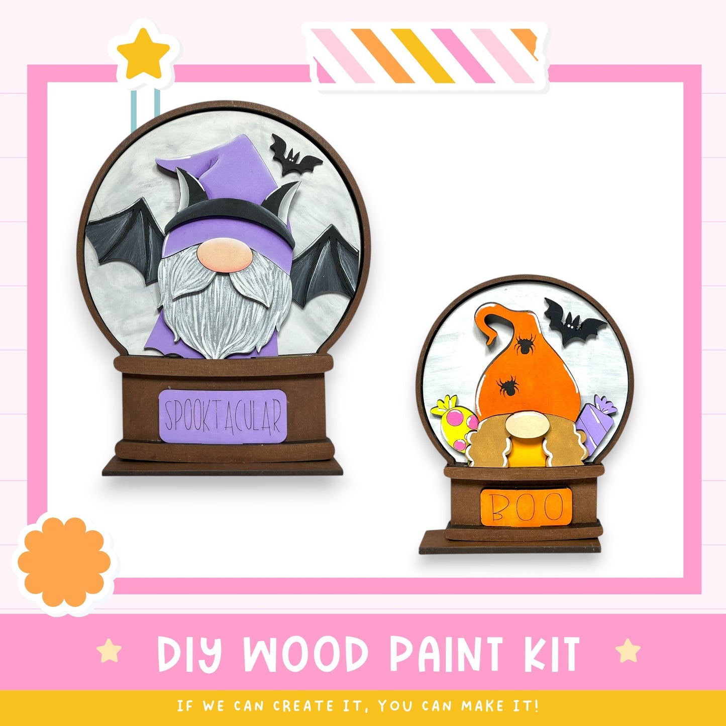 two wooden paint kits, one labeled "SPOOCTACULAR" and the other "BOO", both shaped like gnomes. The kits appear to be designed for creating custom wooden decorations or Halloween-themed items.