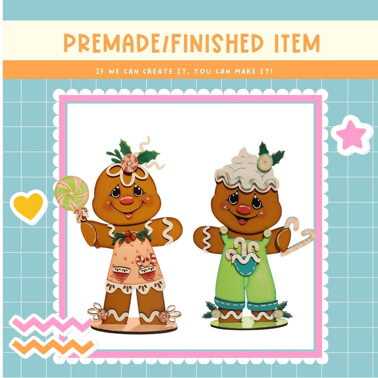 two gingerbread men, one wearing a pink dress and the other wearing a green outfit, both holding candy canes and smiling.