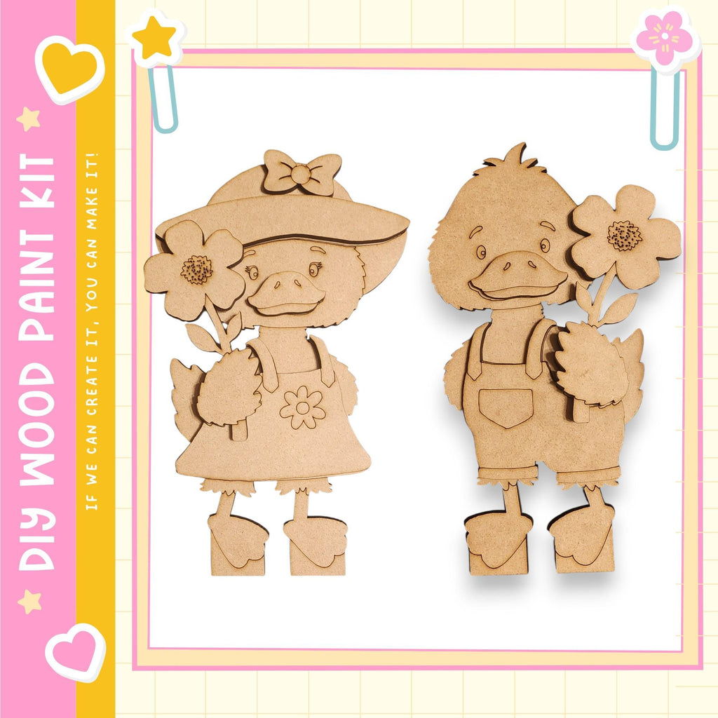 two wooden cutouts of cartoon characters, one of a duck and the other of a flower, both holding flowers.