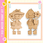 two wooden cutouts of cartoon characters, one of a duck and the other of a flower, both holding flowers.