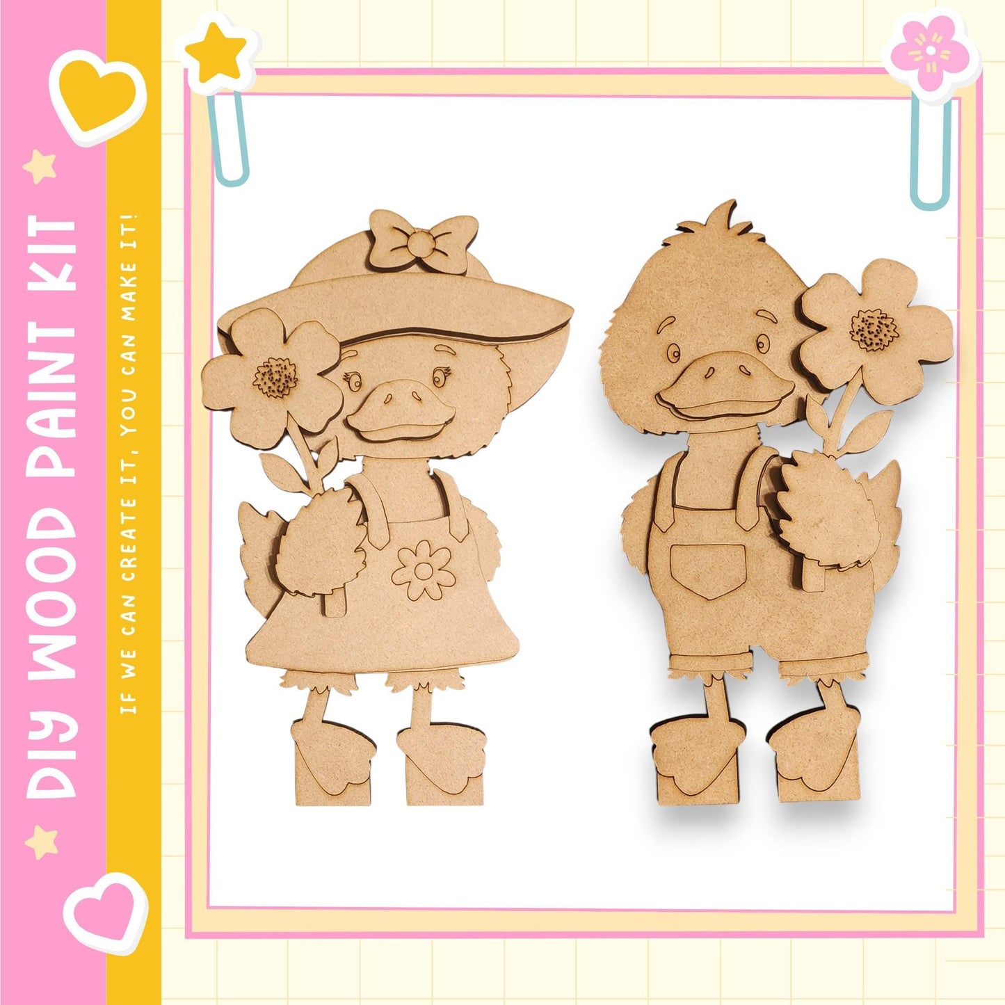two wooden cutouts of cartoon characters, one of a duck and the other of a flower, both holding flowers.