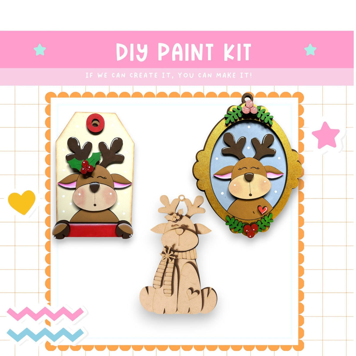The image is a DIY paint kit featuring a wooden reindeer and a wooden ornament. The kit includes a label and a frame, suggesting it is a kit for creating ornaments and decorations.