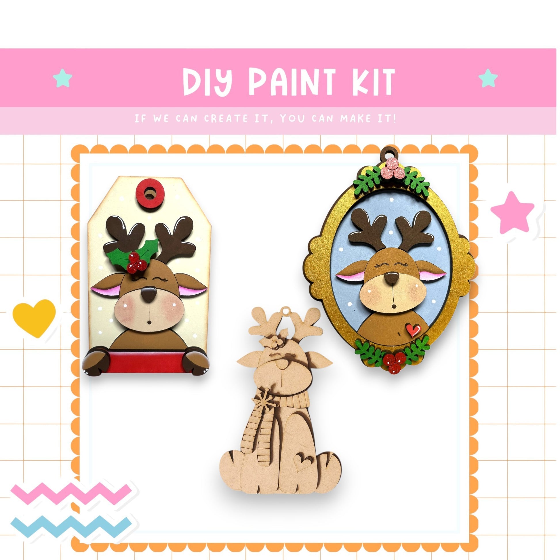 The image is a DIY paint kit featuring a wooden reindeer and a wooden ornament. The kit includes a label and a frame, suggesting it is a kit for creating ornaments and decorations.
