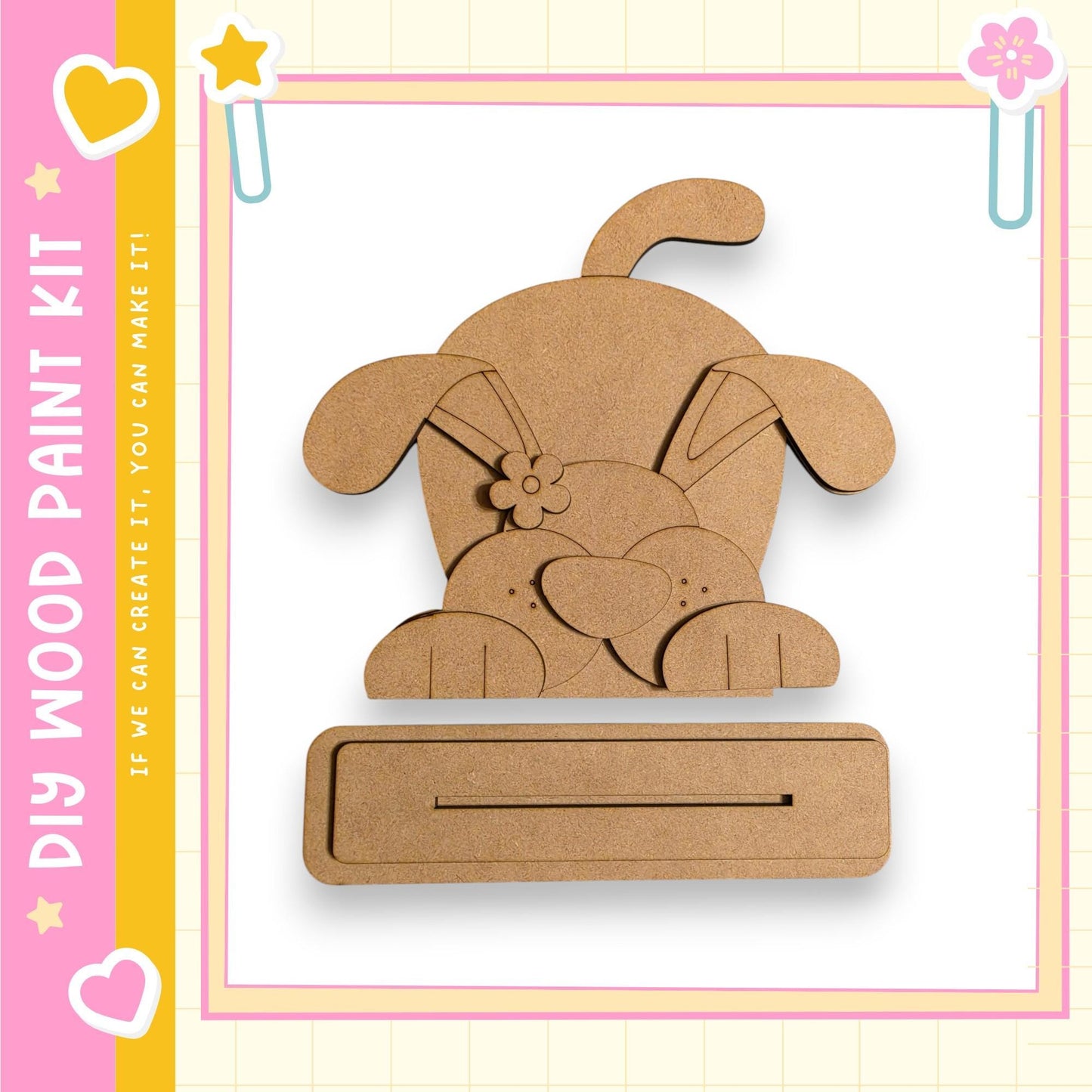 a wooden craft kit, specifically a dog-shaped piece of wood, which can be used for various creative projects.