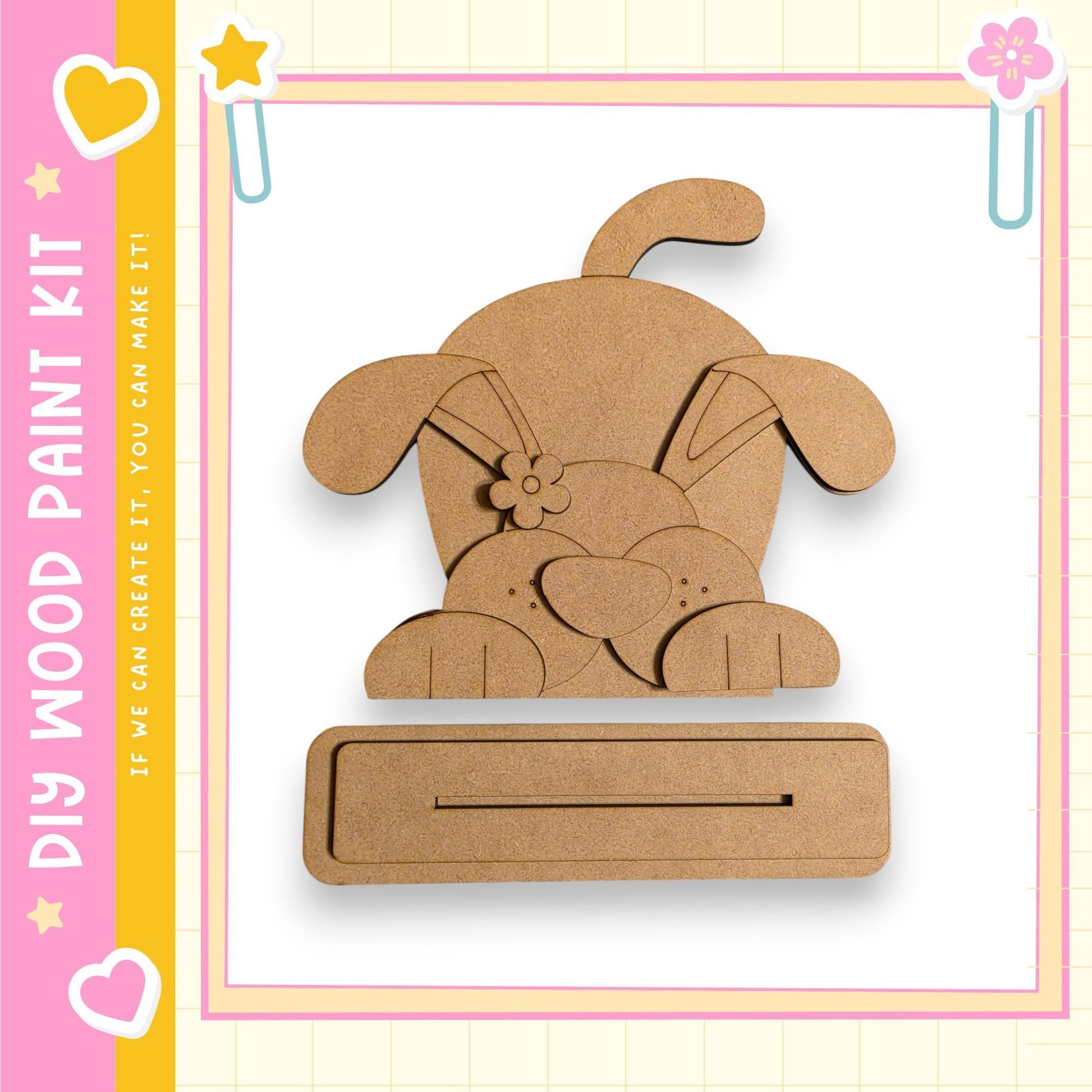 a wooden craft kit, specifically a dog-shaped piece of wood, which can be used for various creative projects.