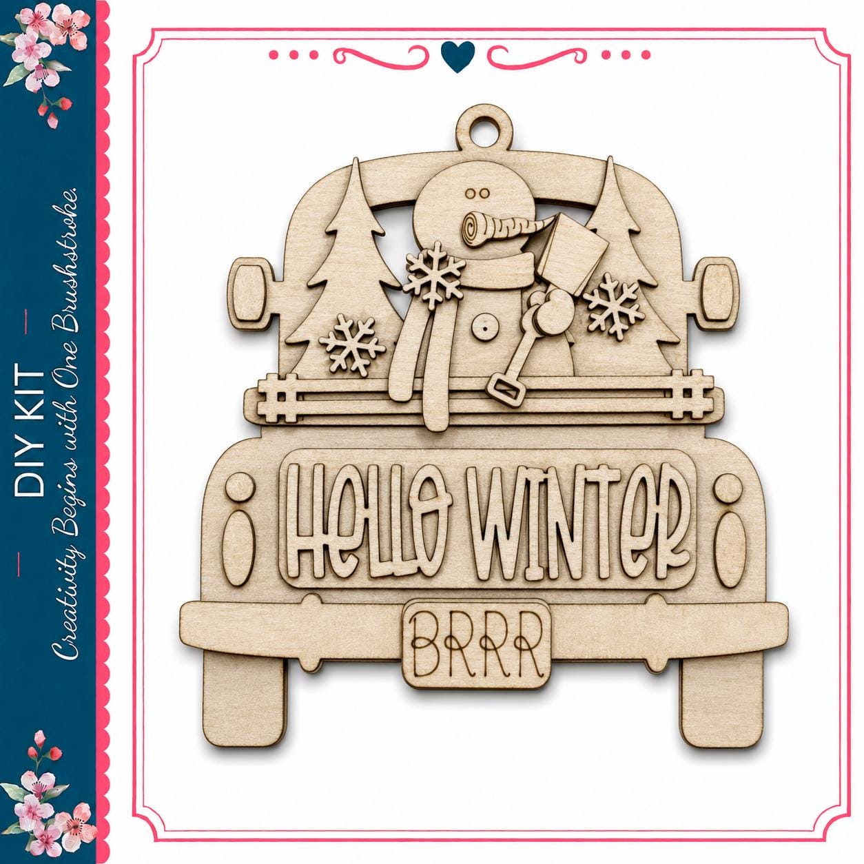 A wooden ornament with a snowman and winter-themed decorations, including snowflakes and a "Hello Winter" message.