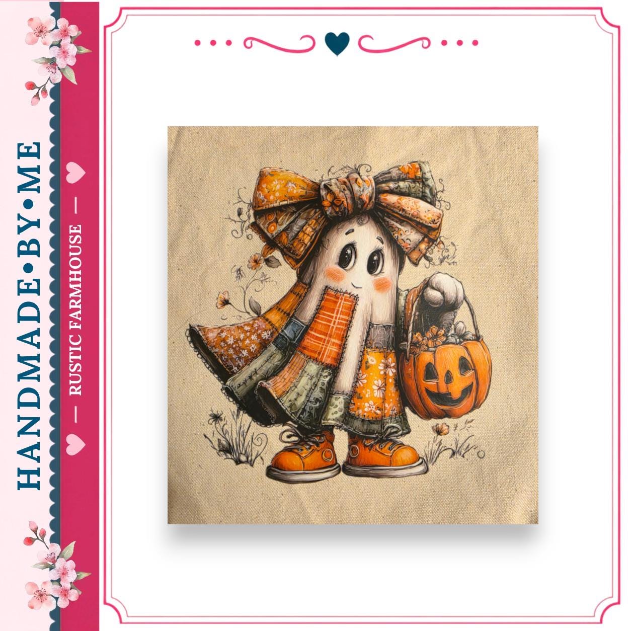 A hand-made fabric with a Halloween-themed ghost character wearing a bow and holding a pumpkin.