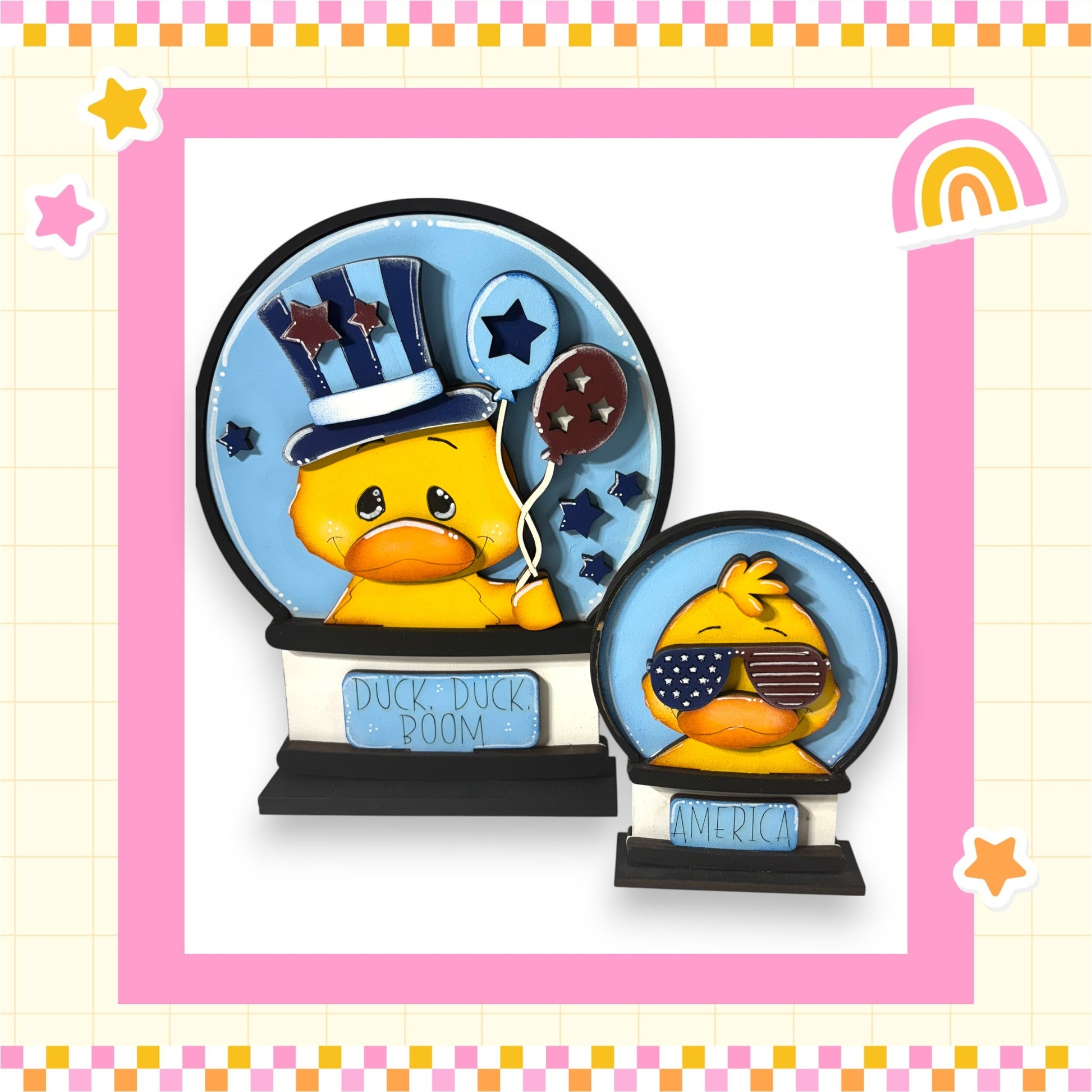A pair of cartoon duck figurines, one larger and one smaller, both wearing hats and sunglasses, set against a pink and yellow background with stars and a rainbow.
