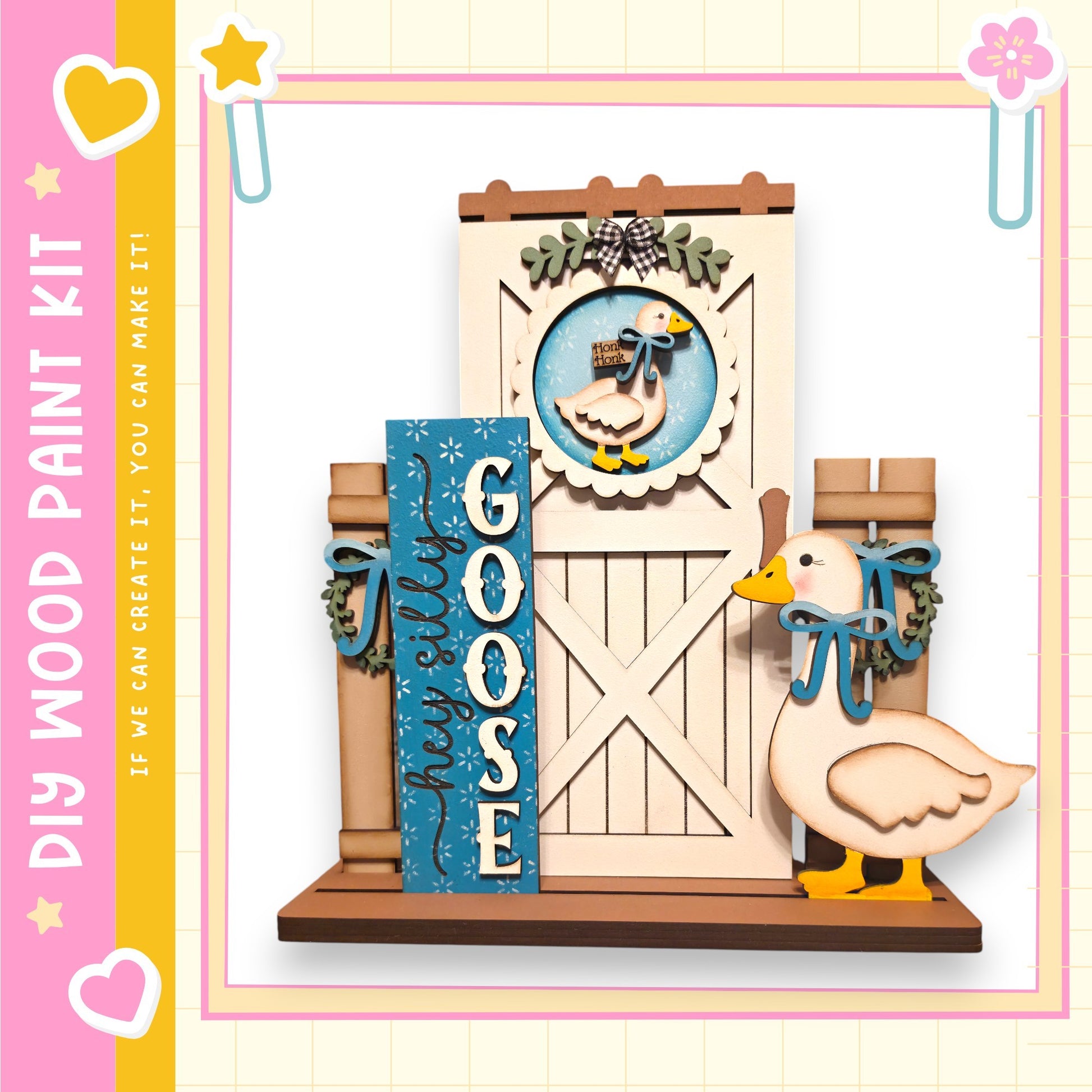 A wooden door with a decorative wreath, a wooden bird figure, and a blue sign that says "GOOOSE" in the center of the image.