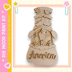 A wooden craft kit labeled "America" is displayed in the image.