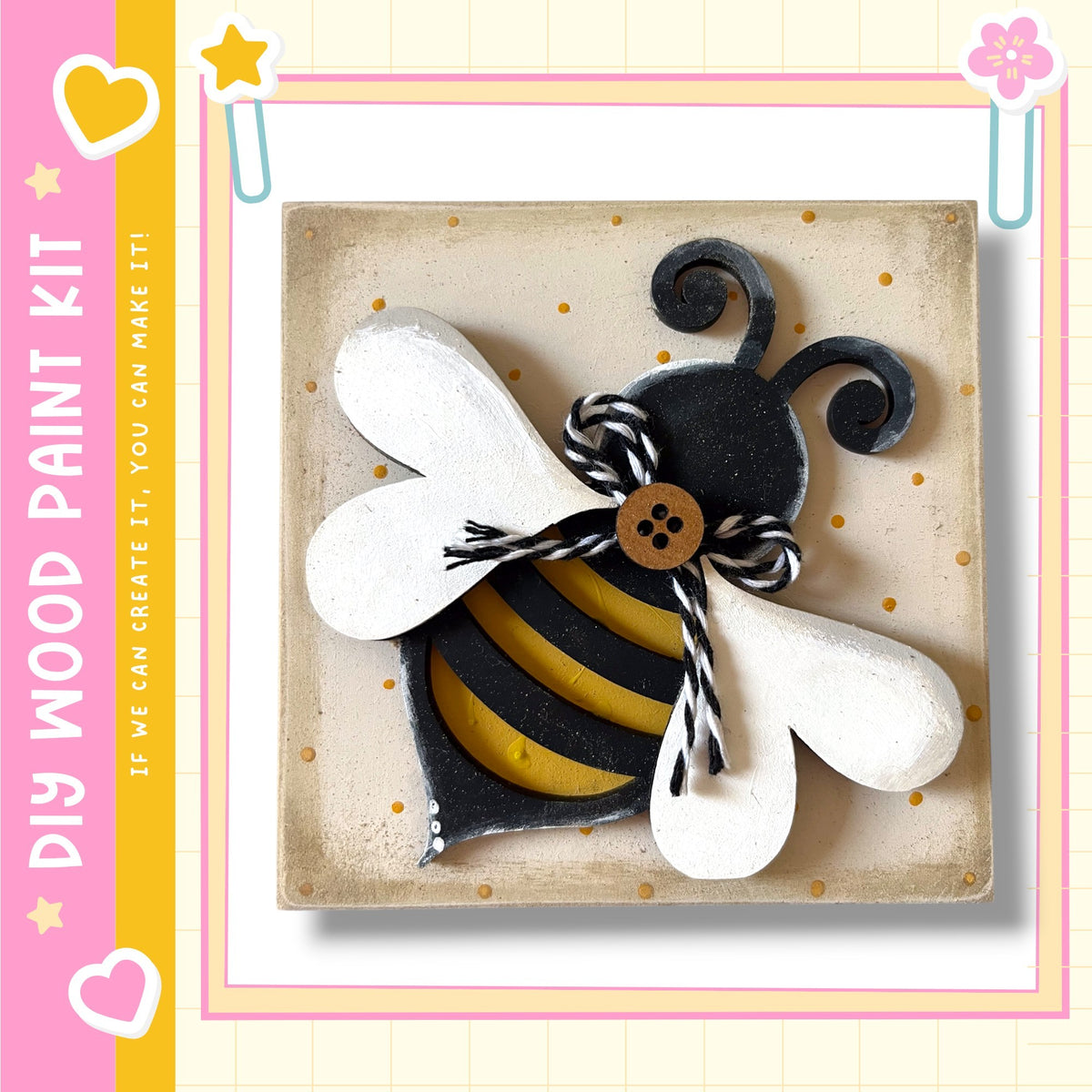 A wooden paint kit featuring a painted bee with a black body, yellow stripes, and a brown button on its head.