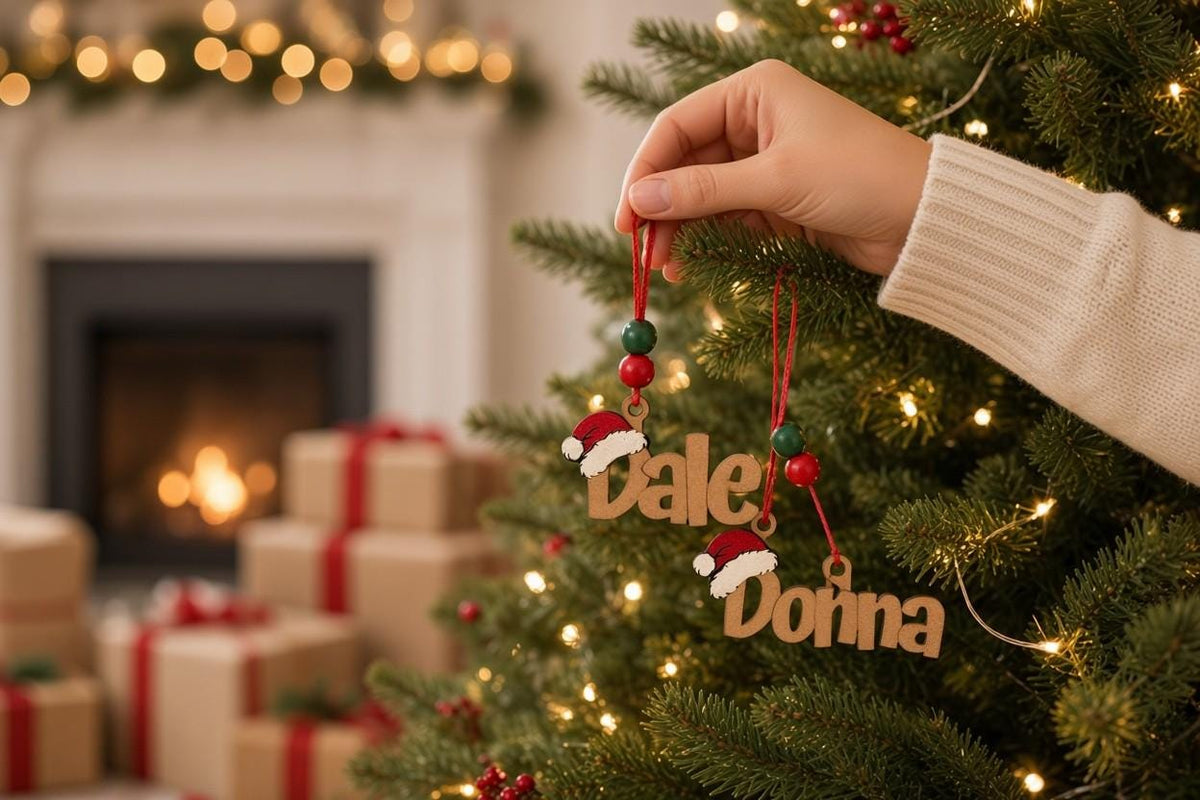 A hand is holding a pair of ornaments with the names "Dale" and "Donna" on them, hanging from a decorated Christmas tree.