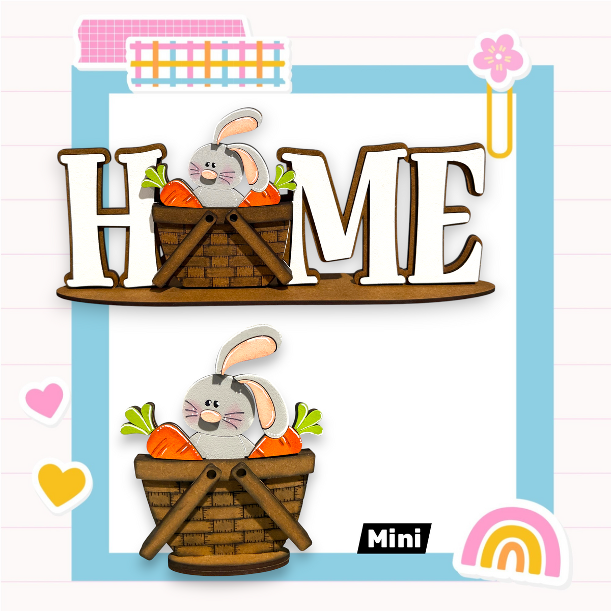a collage of two images: one with a wooden basket containing carrots and the other with a wooden basket containing a rabbit. The word "HOME" is prominently displayed in the center of the image, and the phrase "Mini" is written below the rabbit.