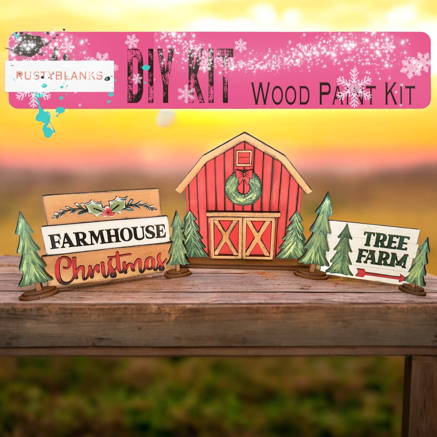 a wooden farm sign sitting on top of a wooden table