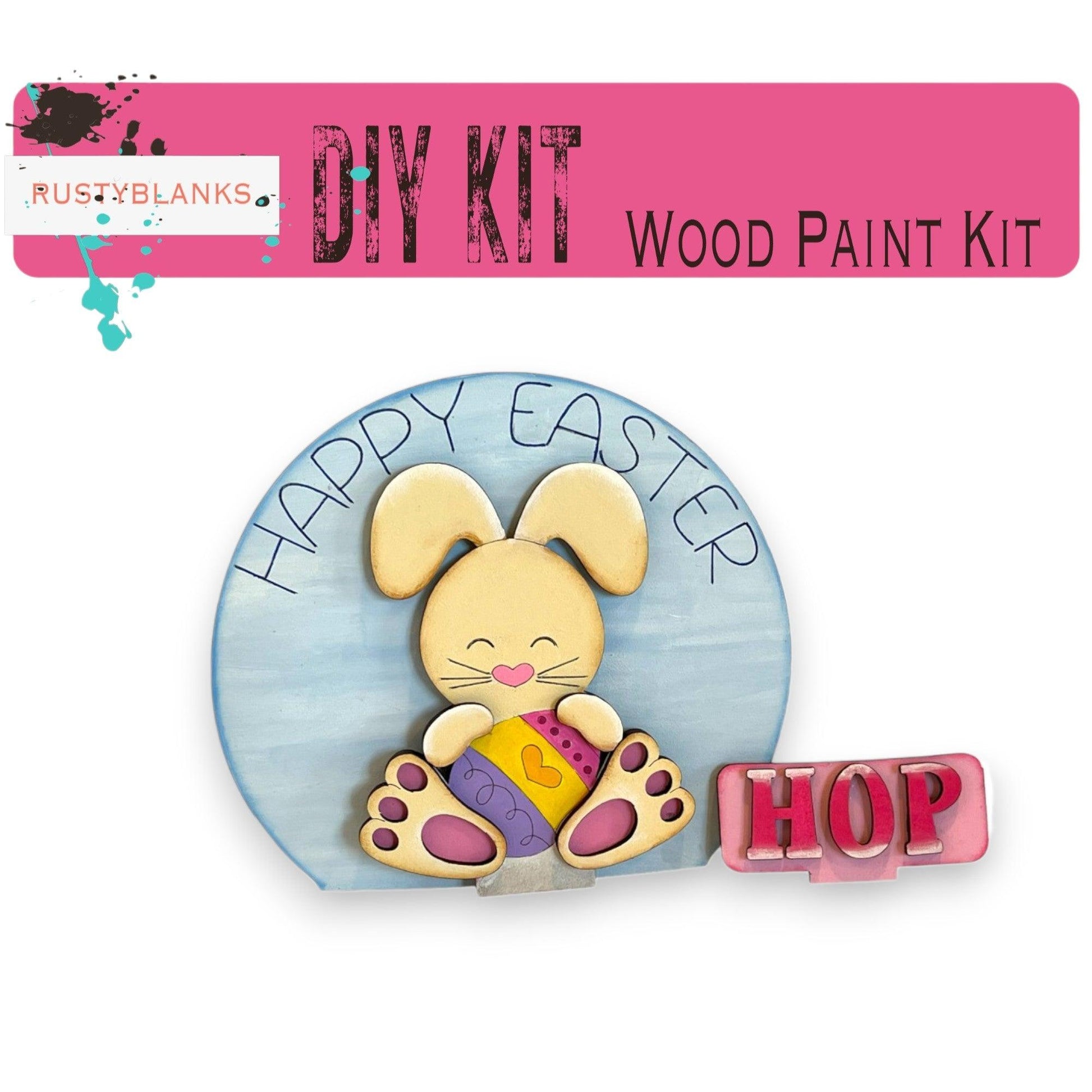 a wooden craft kit with a bunny holding a cup