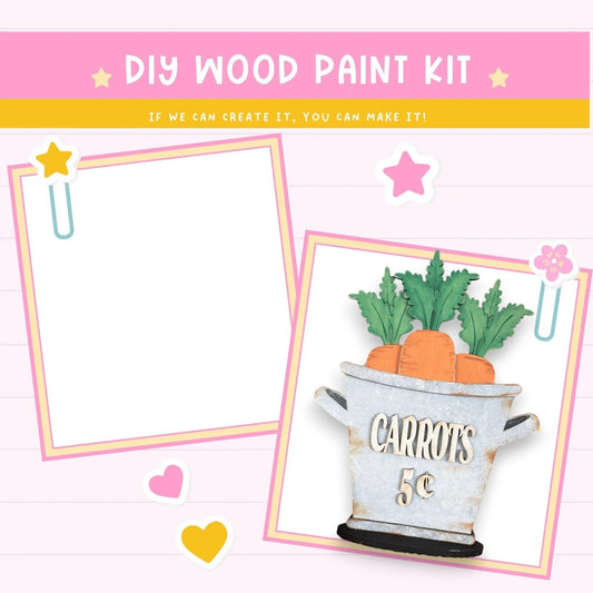 a card with a picture of carrots in a bucket