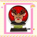 A red snow globe with a cartoon reindeer inside, surrounded by a pink border and decorated with stars and a rainbow.
