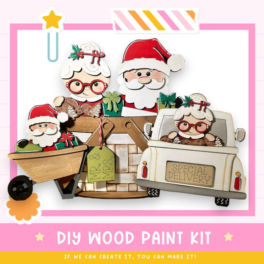 The image is a collage featuring a group of Santa Claus and his family members, including Santa's wife, children, and a baby, all dressed in festive red and white outfits and riding in a truck. The truck has a sign that says "Special Delivery". The image also includes text that reads "DIY WOOD PAINT KIT" and "IF WE CAN CREATE IT, YOU CAN MAKE IT", suggesting that the image is a creative project or craft activity.