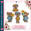 The image is a collage of four cartoon teddy bears holding flowers, including sunflowers, against a white background. The collage is framed by a border with pink and blue floral elements.