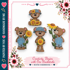 The image is a collage of four cartoon teddy bears holding flowers, including sunflowers, against a white background. The collage is framed by a border with pink and blue floral elements.