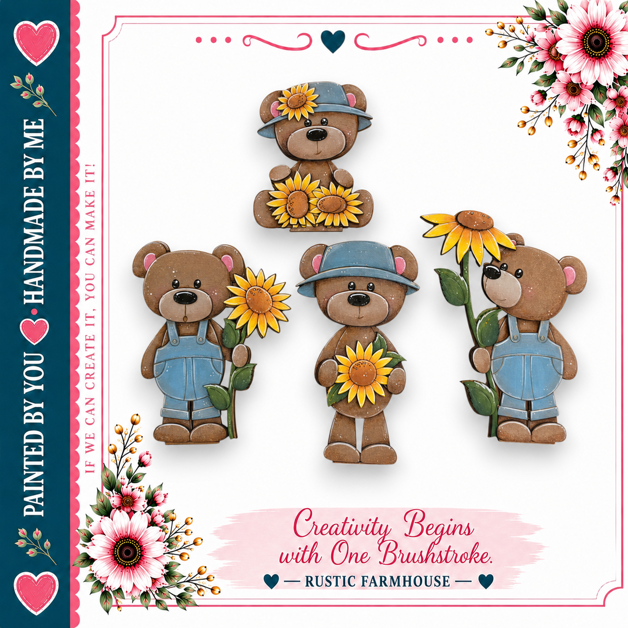 The image is a collage of four cartoon teddy bears holding flowers, including sunflowers, against a white background. The collage is framed by a border with pink and blue floral elements.