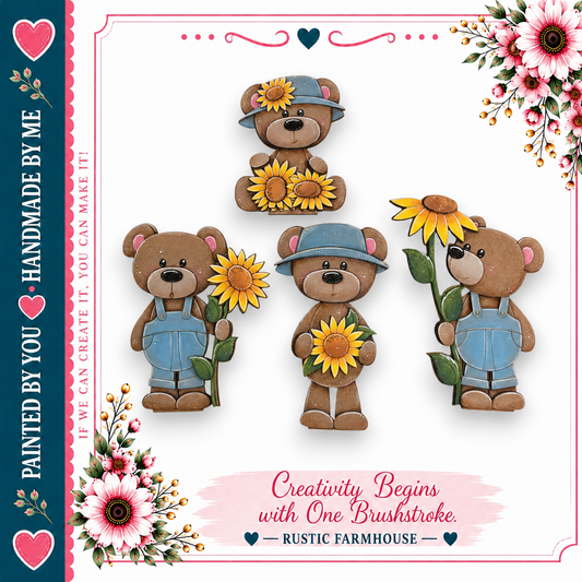 The image is a collage of four cartoon teddy bears holding flowers, including sunflowers, against a white background. The collage is framed by a border with pink and blue floral elements.