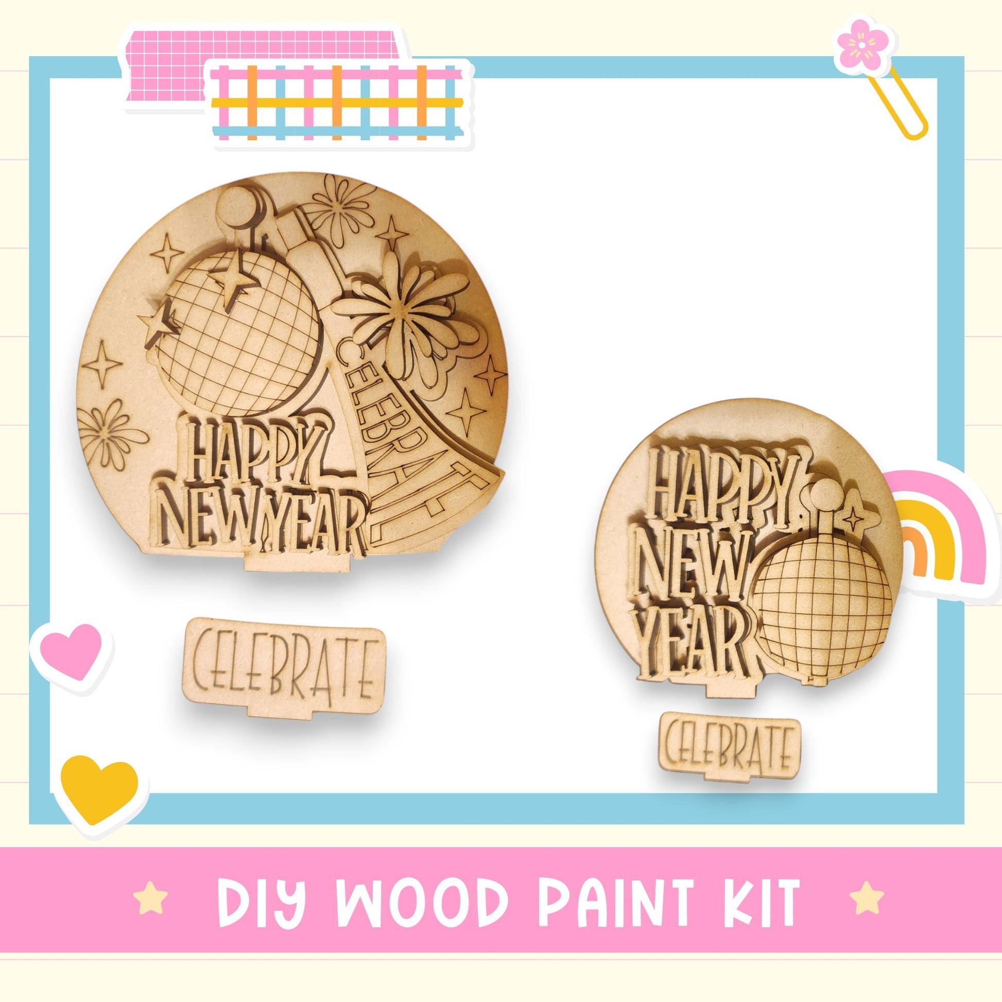 The image is a DIY wood paint kit for creating wooden decorations for the New Year celebration. It features two wooden shapes, each with a unique design, and the text "HAPPY NEW YEAR" written on them.