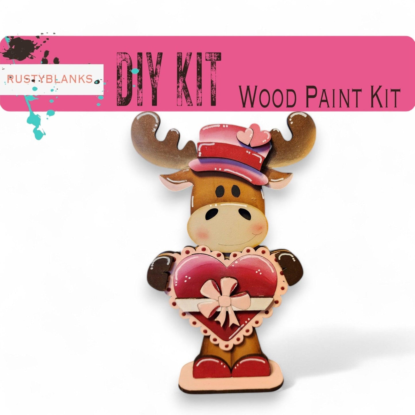 a wooden craft kit with a moose holding a heart