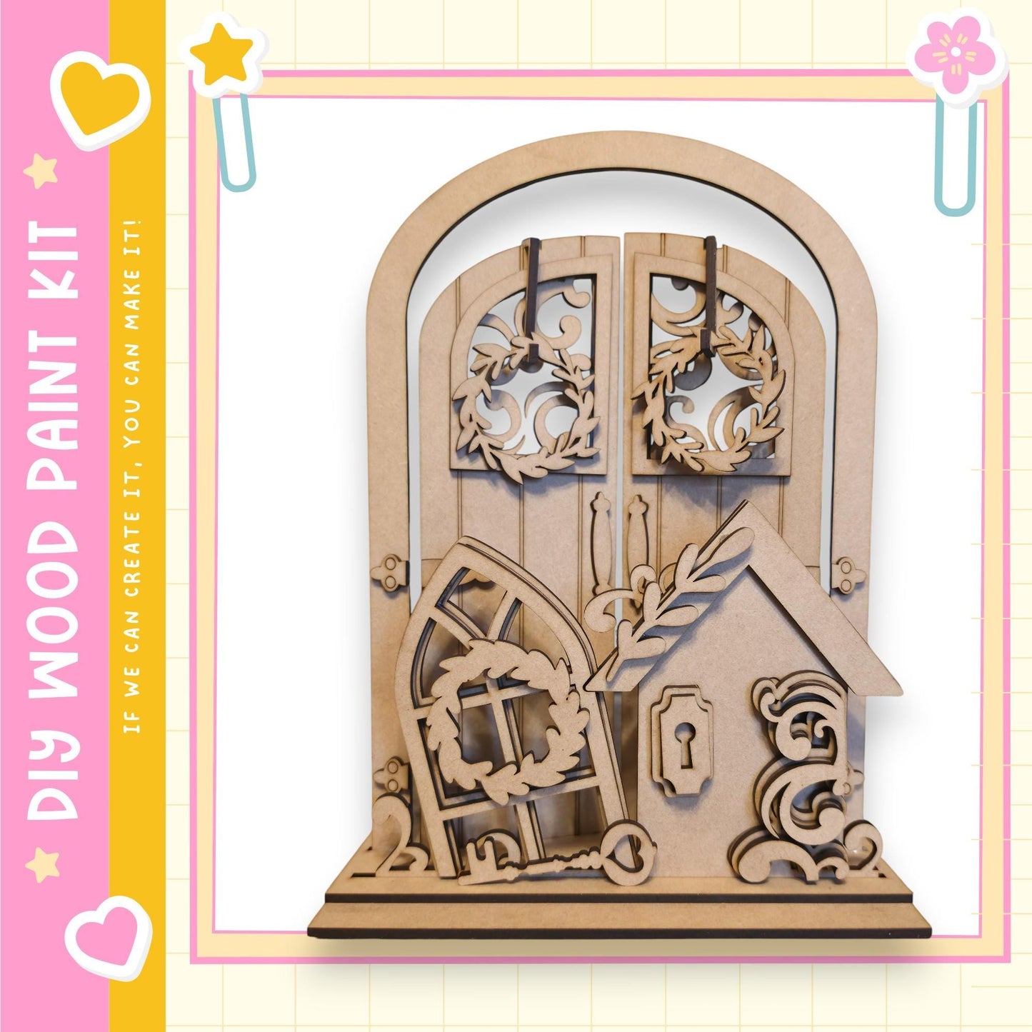 a wooden door with intricate carvings and decorations, including a wreath and a key, set against a pink and yellow background.