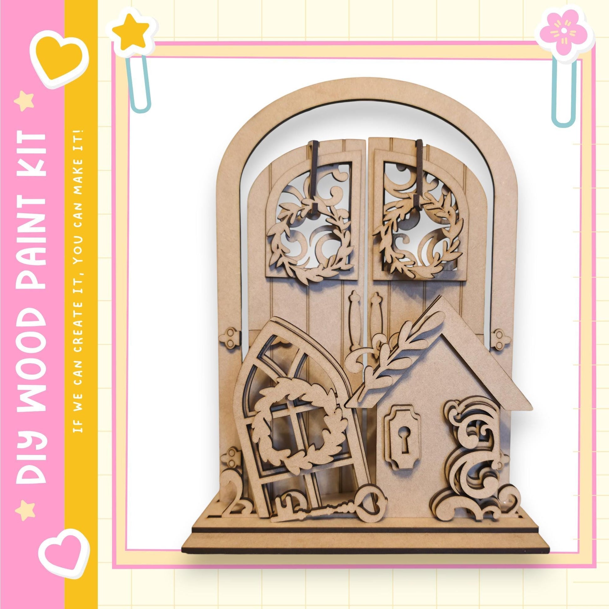 a wooden door with intricate carvings and decorations, including a wreath and a key, set against a pink and yellow background.