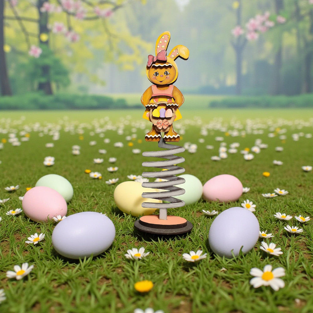 A whimsical Easter scene featuring a spring-loaded toy bunny figure standing on top of a stack of colorful Easter eggs, surrounded by a field of blooming flowers.