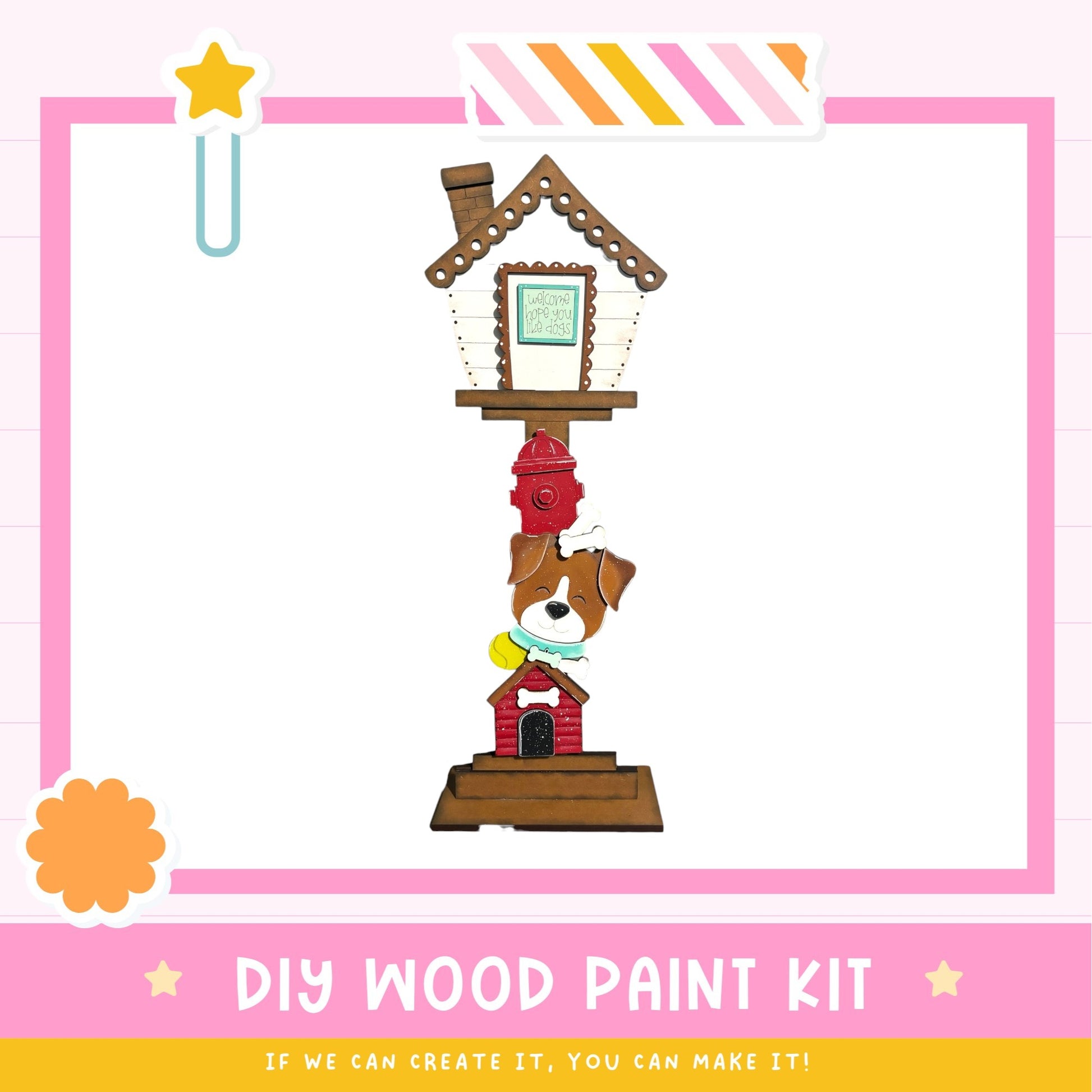 a DIY wood paint kit, which includes a wooden house and a dog. The kit is designed for people to create their own wooden house and dog figures.