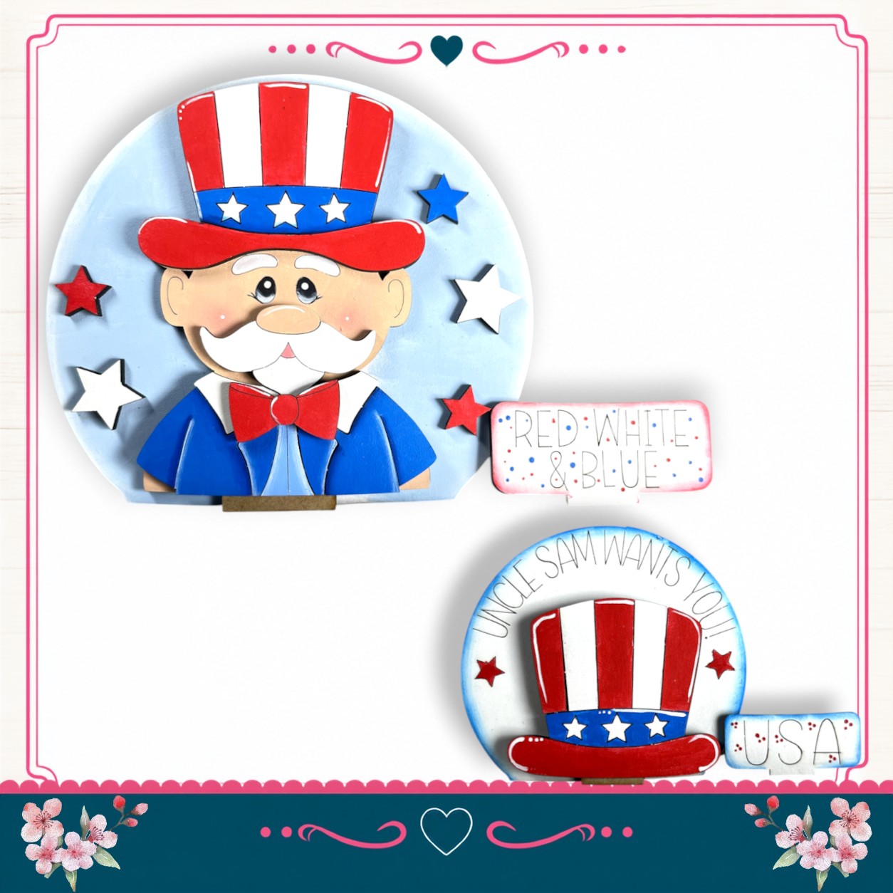 a cartoon character wearing a red, white, and blue hat, surrounded by stars and flowers.