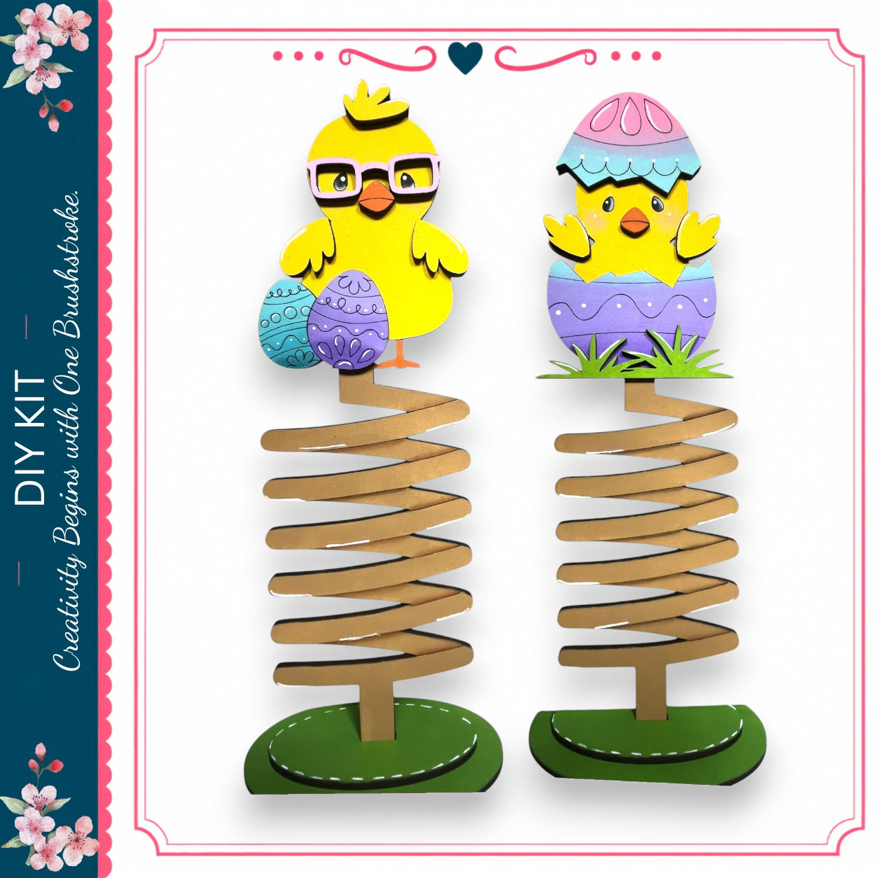 two spring-like structures, each containing a small, colorful Easter egg. The structure on the left has a yellow bird figure, while the structure on the right has a purple bird figure. The Easter eggs are placed on top of the structures, creating a playful and festive scene.