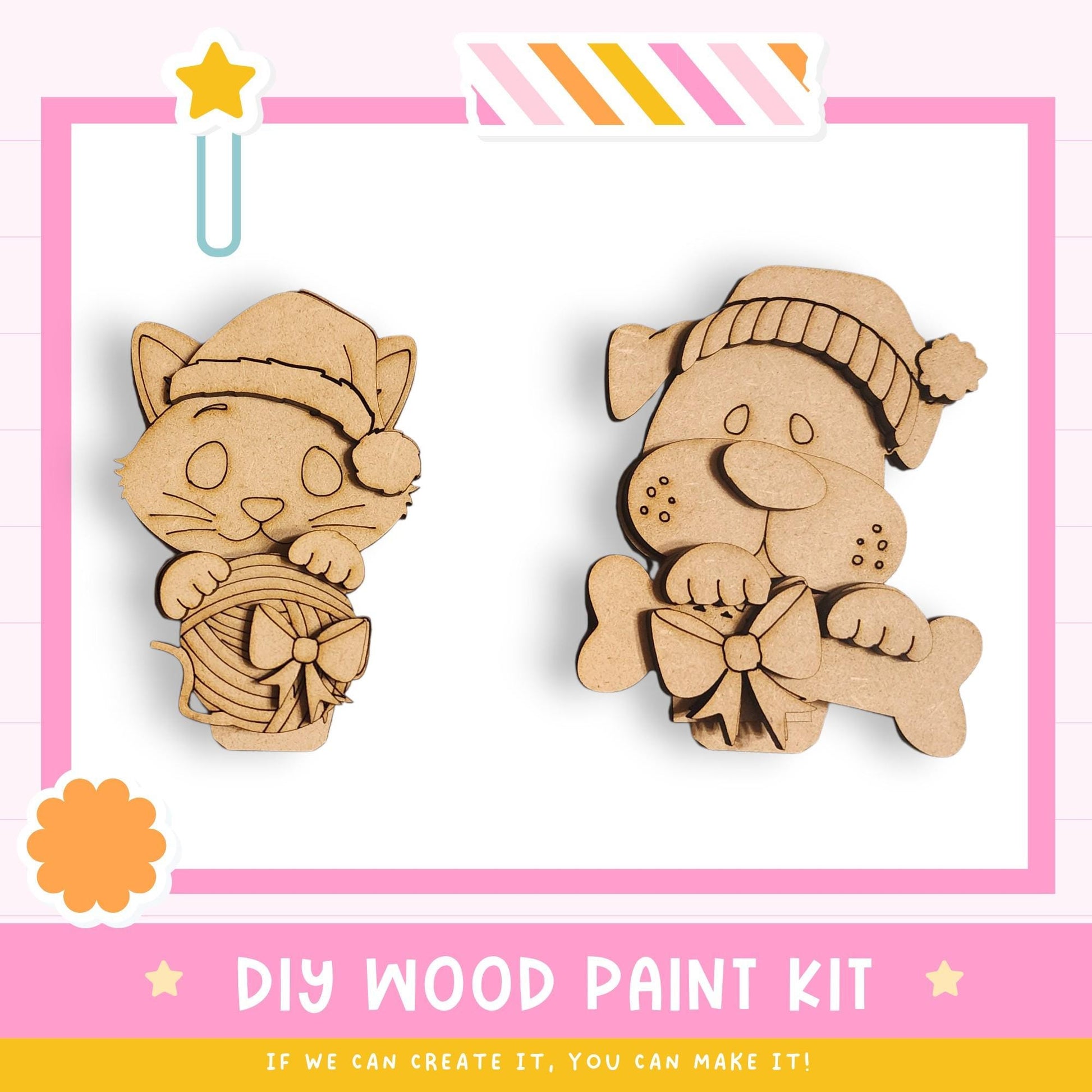 two wooden cutouts of a cat and a dog, both wearing hats and holding objects, likely intended as a DIY wood paint kit for creating custom wooden toys or decorations.