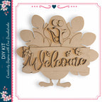 A wooden turkey with a welcoming sign attached to it.