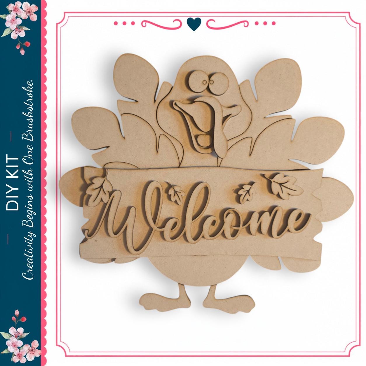 A wooden turkey with a welcoming sign attached to it.