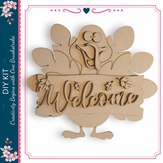 A wooden turkey with a welcoming sign attached to it.